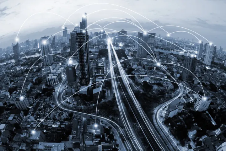 blue tone city scape and network connection concept
