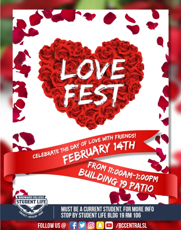 Red and white flyer reads Love Fest: Celebrate the day of love with friends! February 14 from 11 a.m. to 1 p.m.