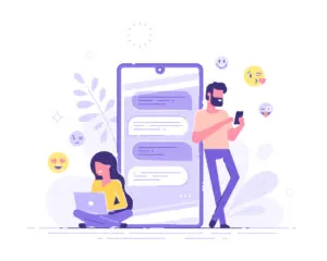 woman is sitting at her laptop and chatting with man with huge phone and emoji on the background. Dating app and virtual relationship. Chat bubble. Modern vector illustration.