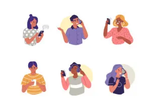 People use Smartphones, Chatting, making Selfie and listening Music. Happy Boys and Girls talking and typing on Phone. Female and Male Characters collection. Flat Cartoon Vector Illustration.