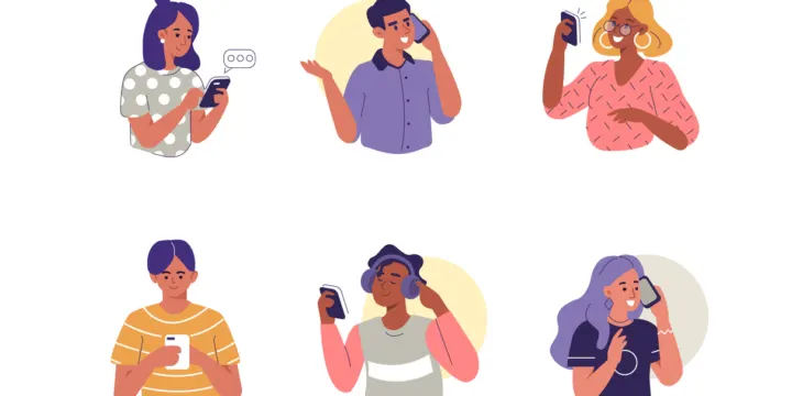 People use Smartphones, Chatting, making Selfie and listening Music. Happy Boys and Girls talking and typing on Phone. Female and Male Characters collection. Flat Cartoon Vector Illustration.